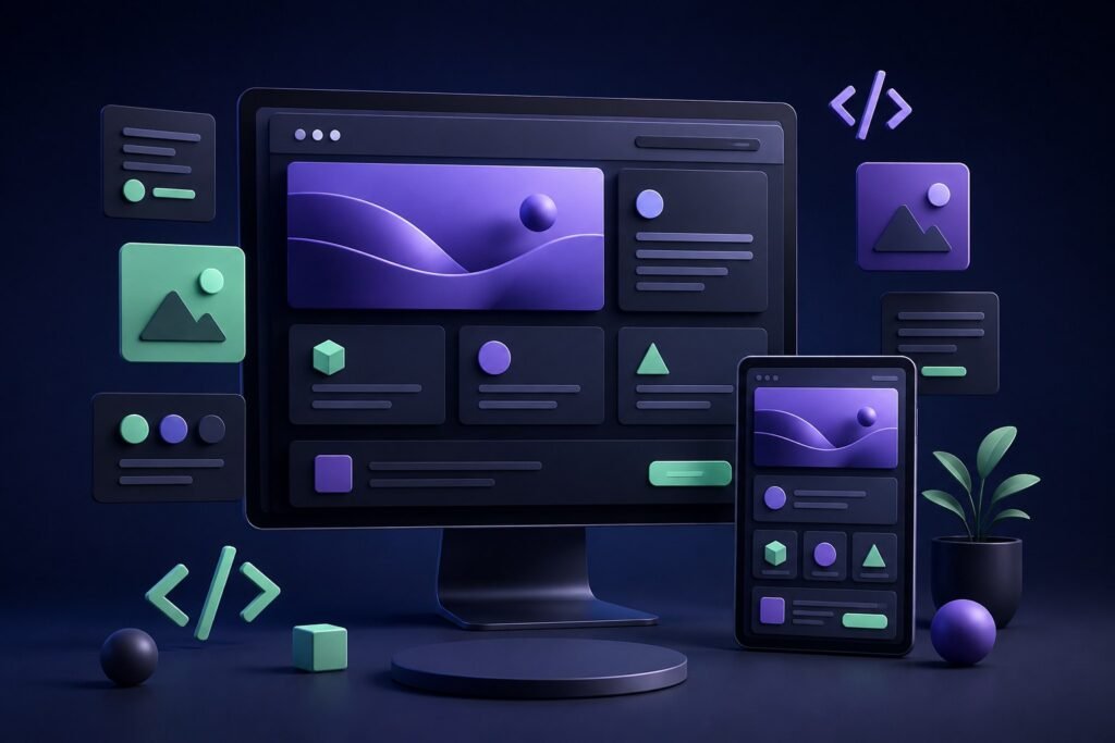 Illustration of responsive website layouts on desktop and tablet screens